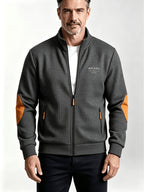 Men'S Autumn Winter Sports Stand-Collar Zipper Pocket Jacket, Spring Autumn Versatile Zipper Cardigan Top, Fashionable Plaid Jacquard Texture Fabric, Stylish Elbow Classic Color-Block Casual Coat, Suitable As Men'S Holiday Gift - Dark Gray
