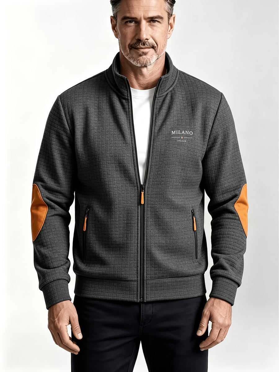 Men'S Autumn Winter Sports Stand-Collar Zipper Pocket Jacket, Spring Autumn Versatile Zipper Cardigan Top, Fashionable Plaid Jacquard Texture Fabric, Stylish Elbow Classic Color-Block Casual Coat, Suitable As Men'S Holiday Gift - Dark Gray