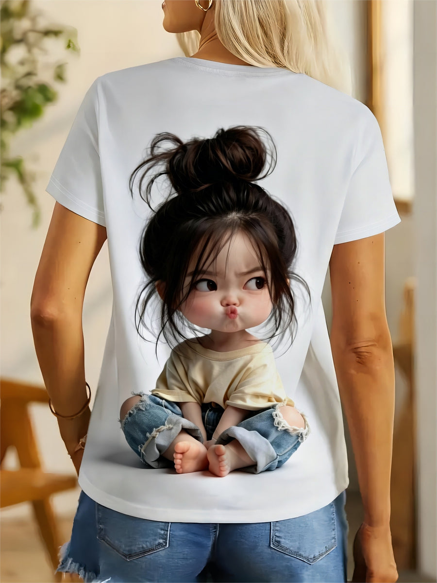 Style Playful Pouting Print Women's Short-Sleeve T-Shirt, Age-Reducing Cute Casual Top, Women's Fashionable Casual Top, Stylish and Casual Short-Sleeve Top, Women's Casual Short-Sleeve Top, Gift, Machine-Washable Holiday Party Top, Durable Fabric - White
