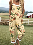 Women'S Fashion Design Versatile Overalls with Button Adjustable Straps - Cartoon Cute Floral Print A87 - 【Light Yellow】