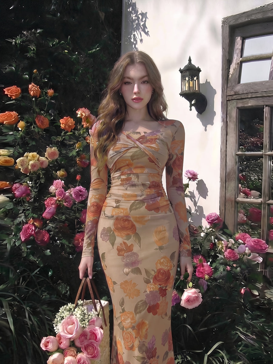 Elegant Women's Wedding Guest Party Dress, Floral Dress with Front Cross-Over Pleated Detail, Slimming Waist-Defining Gathered Long Sleeves, Spring/Autumn Maxi Dress - Mixed colors