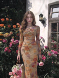 Elegant Women's Wedding Guest Party Dress, Floral Dress with Front Cross-Over Pleated Detail, Slimming Waist-Defining Gathered Long Sleeves, Spring/Autumn Maxi Dress - Mixed colors