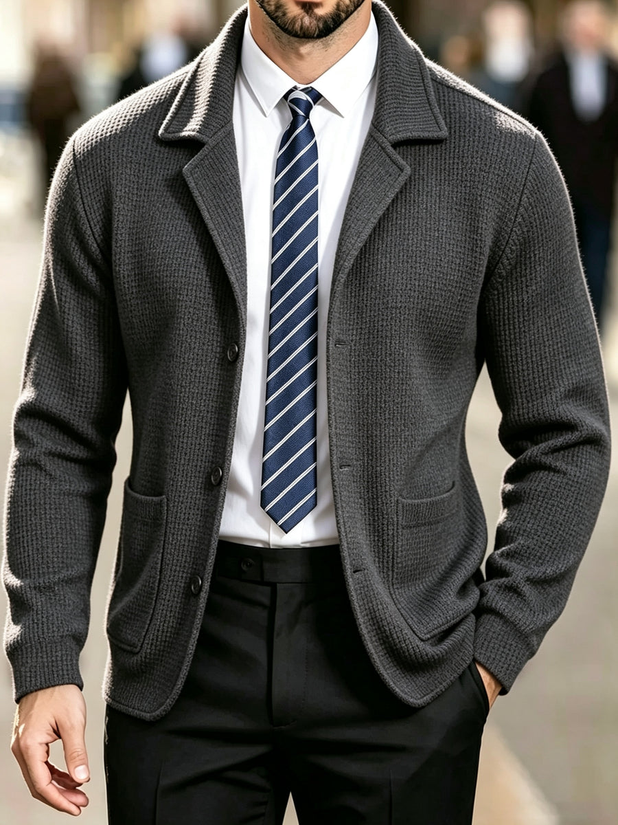 Men'S Spring Autumn New Waffle Check Blazer Collar Cardigan Single Button Double Pocket Business Casual All-Match Long Sleeve Knit Jacket, Soft Comfortable Fashion Solid Color Outerwear Suitable for Daily Outings, Dates, Holidays, And Travel - Grey