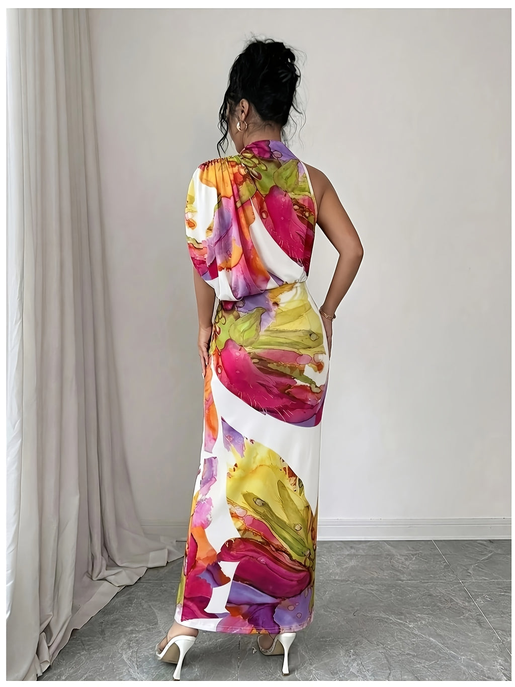 Women's Elegant One-Shoulder High Neck Sleeveless Bodycon Maxi Dress with Ruched Waist & Fit - Machine Washable Suitable for Vacation, Party, Wedding Guest Dress, Evening Date Dress - Multicolor