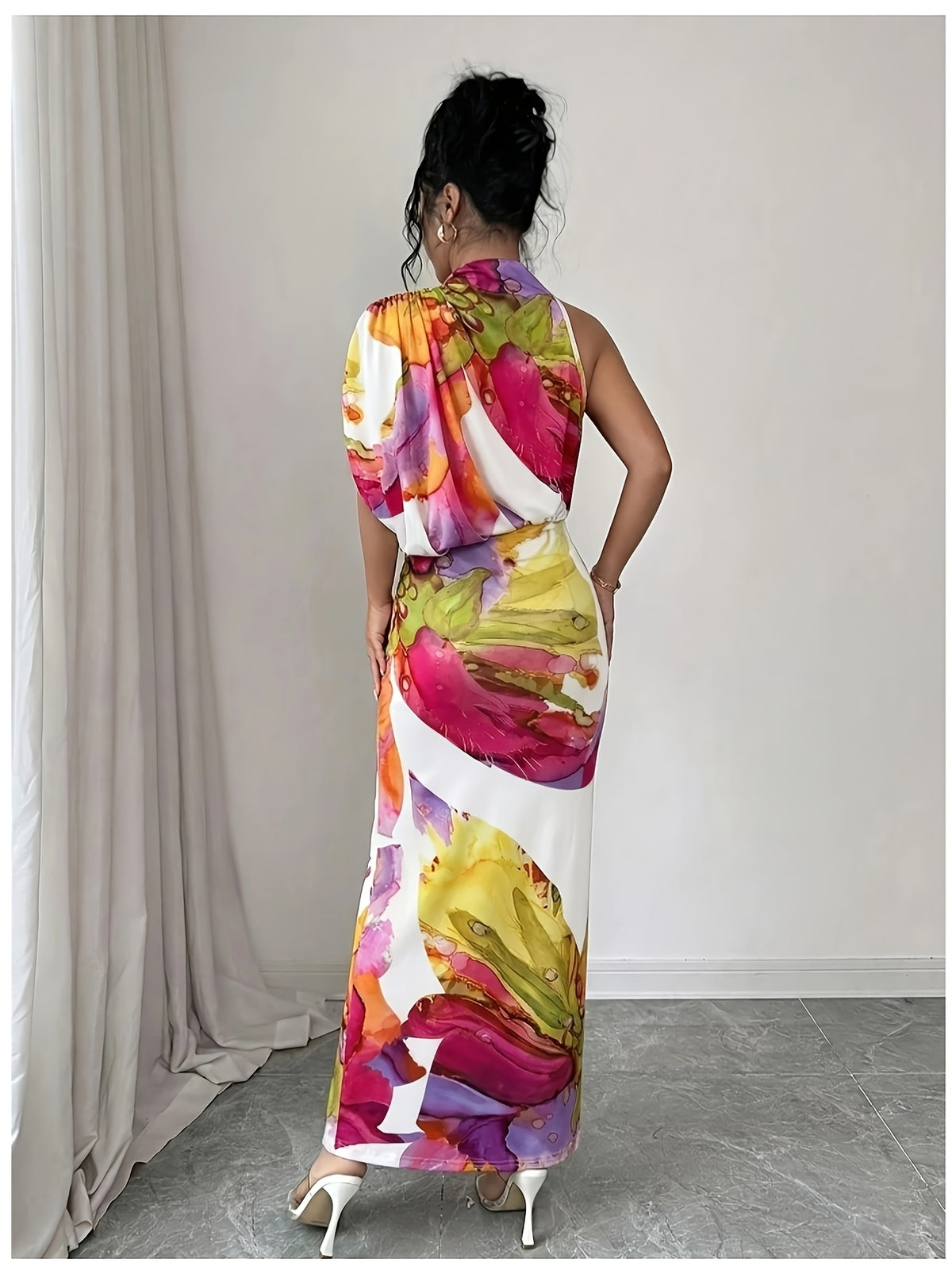 Women's Elegant One-Shoulder High Neck Sleeveless Bodycon Maxi Dress with Ruched Waist & Fit - Machine Washable Suitable for Vacation, Party, Wedding Guest Dress, Evening Date Dress - Multicolor