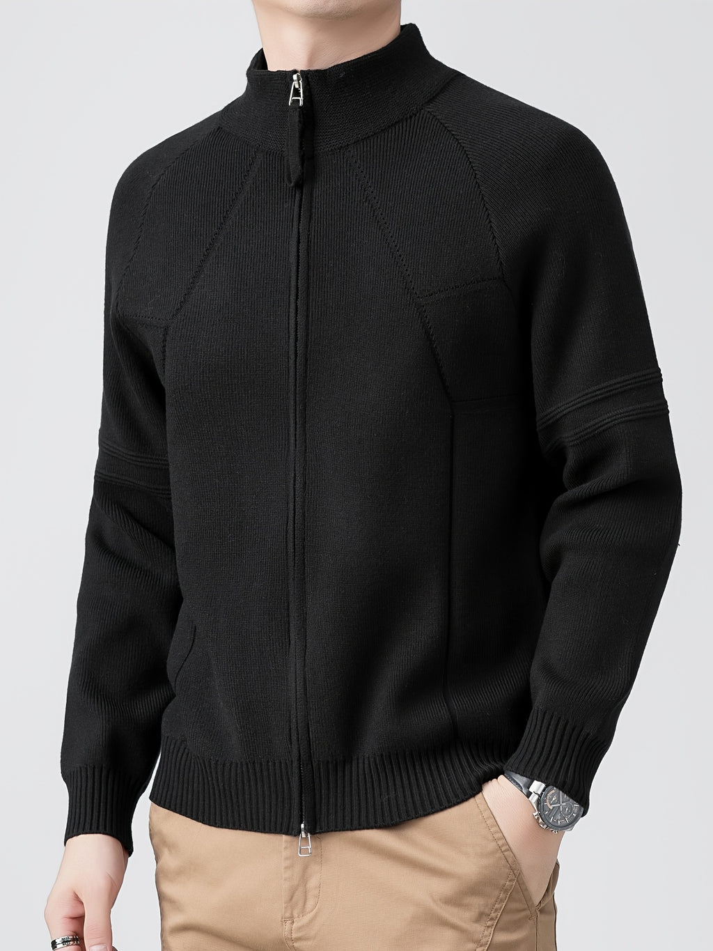 [Dulinglan OBM] Spring/Autumn New Men'S Knit Cardigan, Old Money Style Solid Striped Open Collar Stand-Up Collar Zipper Knit Cardigan Men'S Business Casual Fashion Open Collar Knit Cardigan Top, Suitable for Spring, Autumn - Black