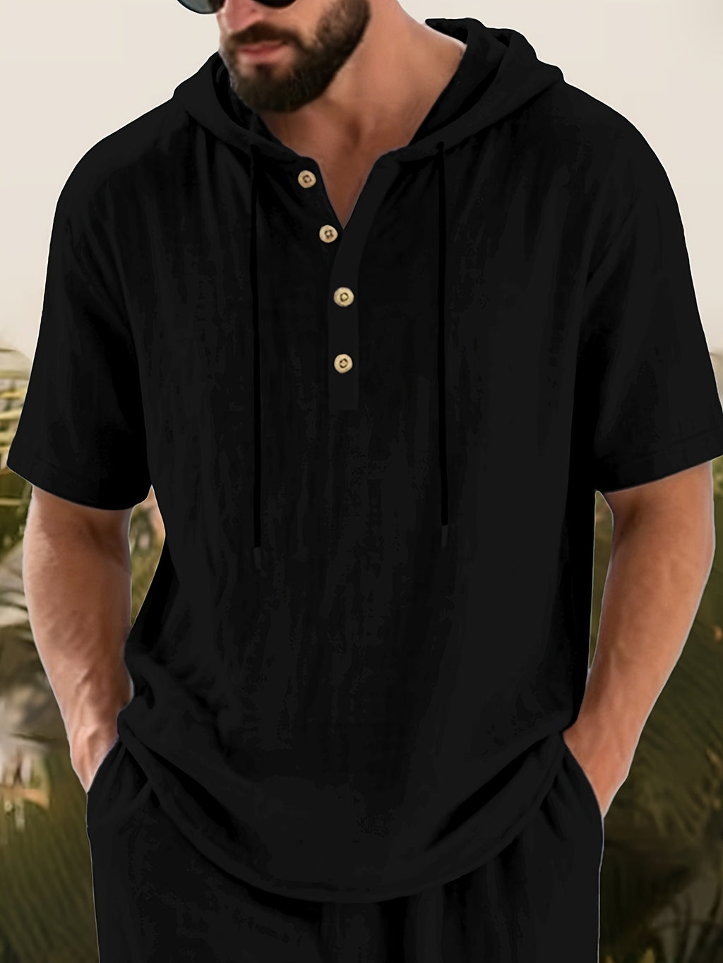 Summer New Hooded Henley Collar Short-Sleeved, Men'S Loose Breathable Comfortable Casual T-Shirt Top - Black