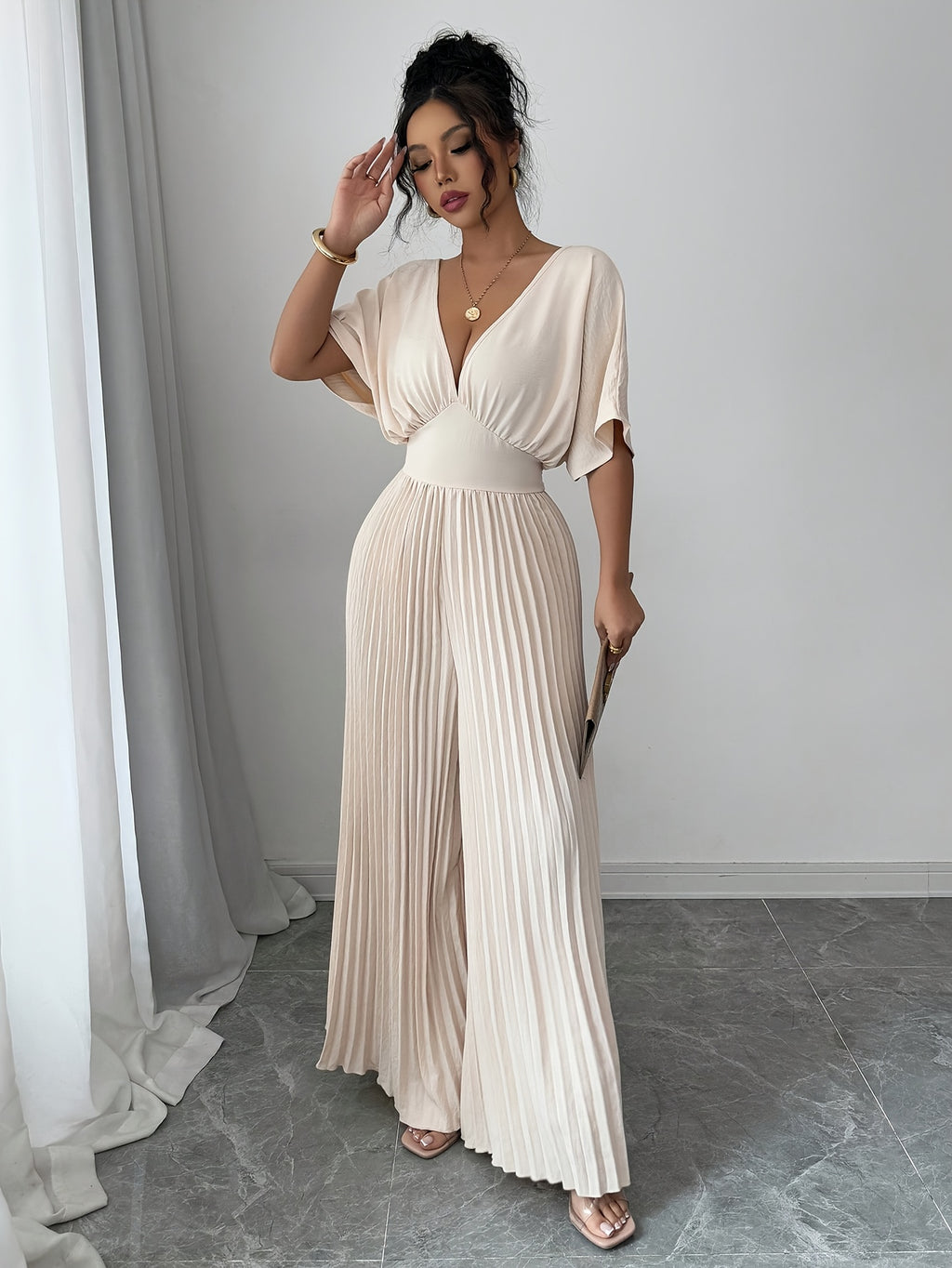 Women's Elegant Batwing one-Piece Pants - Formal & Casual Outfit, Flowy Long Pants, Machine Washable Non-Transparent Party & Casual Attire for Women, Seasonal Fashion, Vneck Design, Nontransparent Fabric - Apricot
