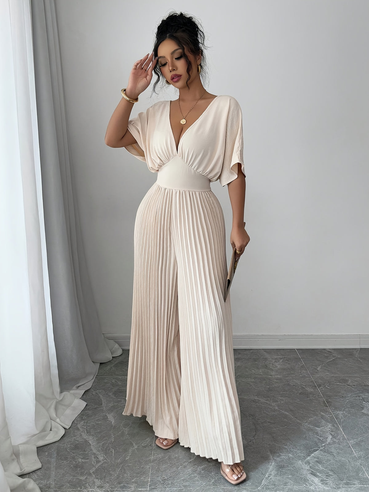 Women's Elegant Batwing one-Piece Pants - Formal & Casual Outfit, Flowy Long Pants, Machine Washable Non-Transparent Party & Casual Attire for Women, Seasonal Fashion, Vneck Design, Nontransparent Fabric - Apricot