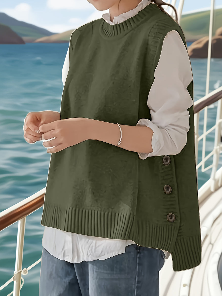 Round Neck Short Front And Long Back Button Sweater - Olive Green