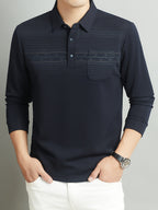 Middle-Aged Men'S Long Sleeve Polo Shirt Spring Autumn Business Casual Lapel Striped with Pocket Top - Navy Color