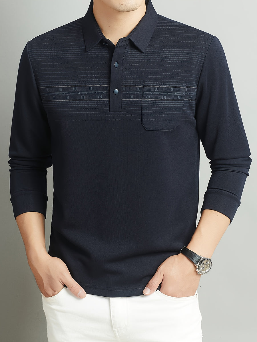 Middle-Aged Men'S Long Sleeve Polo Shirt Spring Autumn Business Casual Lapel Striped with Pocket Top - Navy Color