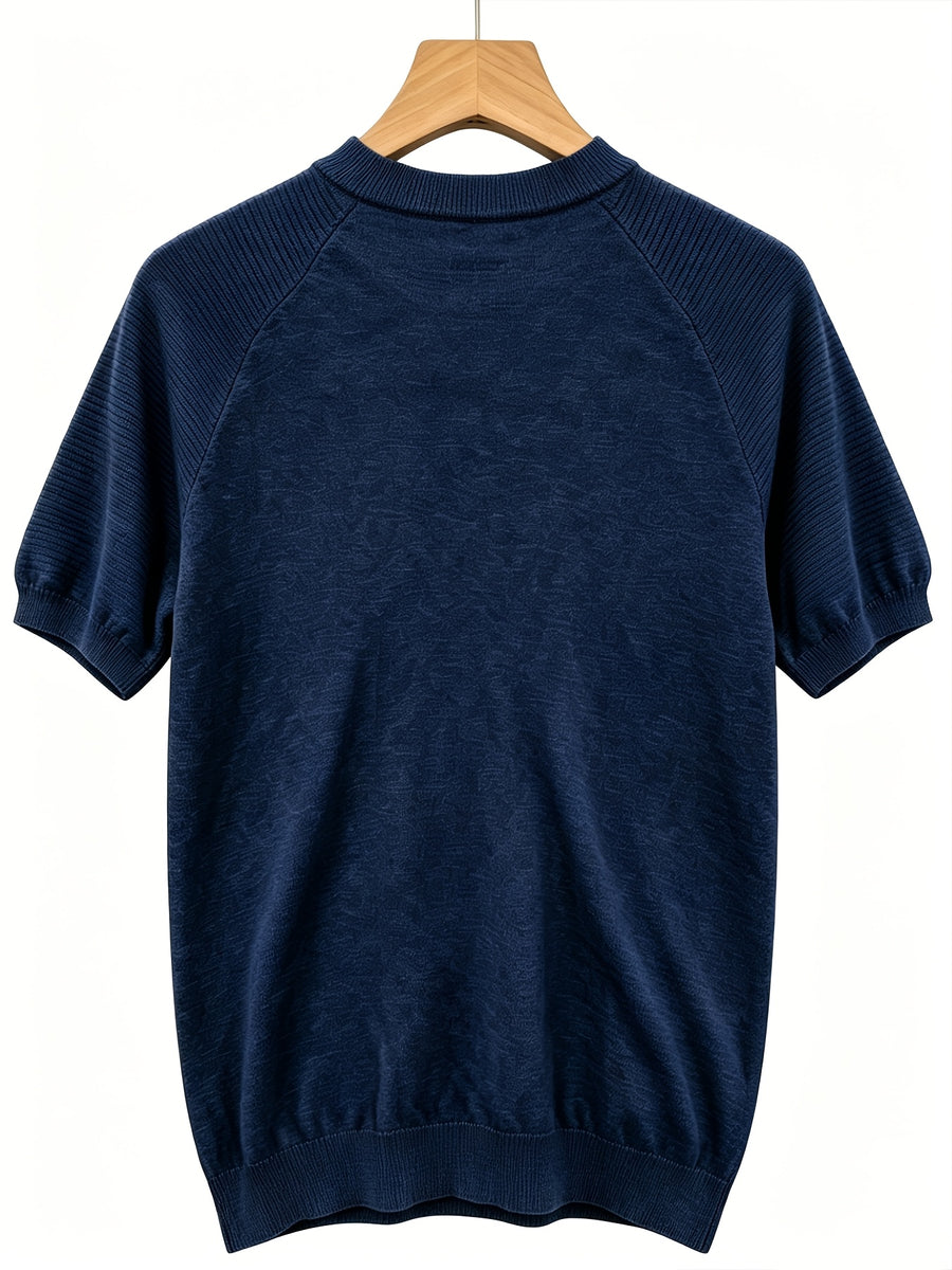 2026 Light Luxury Texture Men'S Off-Shoulder Knit Short Sleeve, Comfortable And Breathable Summer T-Shirt - Navy Color