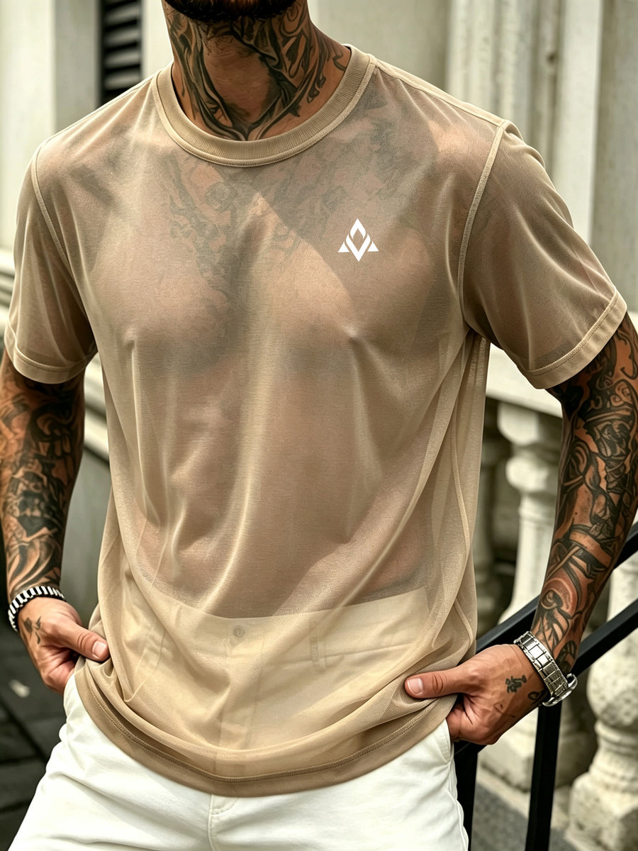 Men's Geometric Triangle Small Logo Mesh Short Sleeve Cooling Quick-Dry Loose Fit Crew Neck Sports T-Shirt - 【Brown】