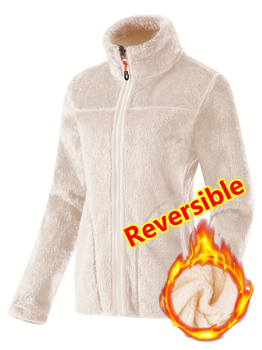 Women's Spring Casual Jacket, Thickened Shaggy Warm Printed Reversible Coral Sweatshirt, Double-Sided Outerwear - M Beige