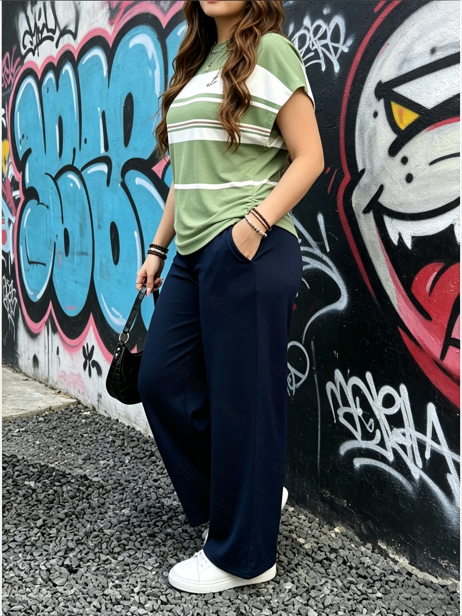 Ladies Two-Piece Set - Casual Minimalist Vacation Style Two-Piece Set - Red And Blue Stripe Design, Suitable for Summer And Autumn Transition Wear, Bow Side Drawstring - Multicolor 6