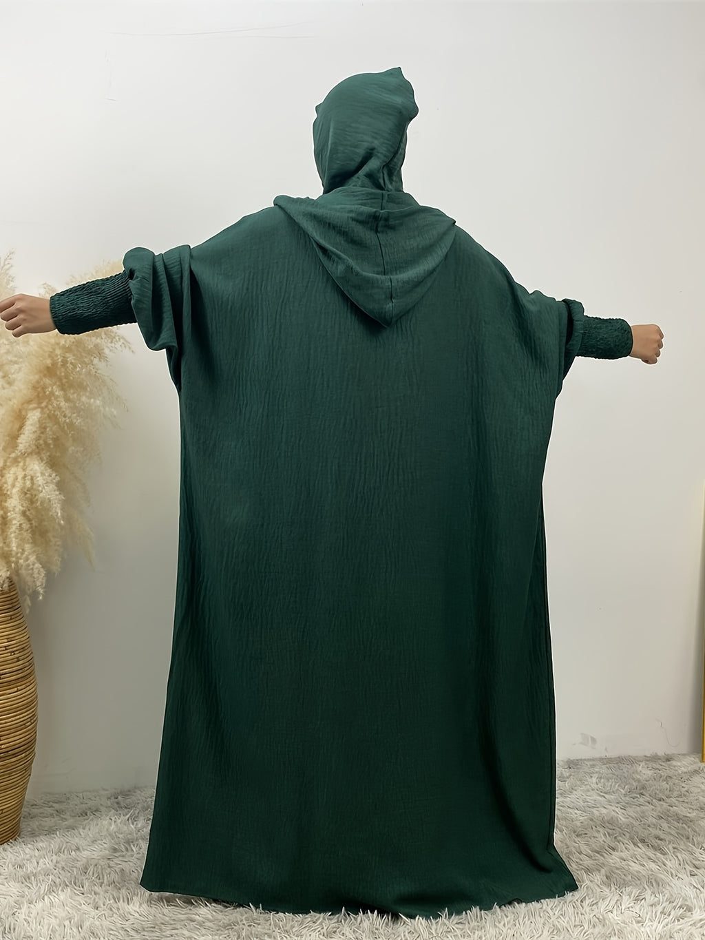 Fashionable Muslim Batwing Sleeve Hooded Abaya Casual Hooded Dress - Dark Green