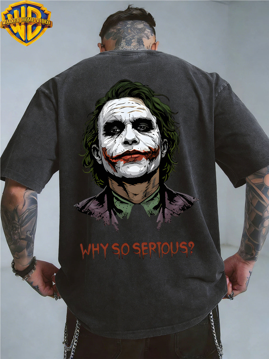 Warner Genuine Authorization, Men's Short Sleeved Heath Ledger Clown Print Pattern, American Retro Washed Distressed T-shirt, Suitable for Outdoor Sports, Daily Commuting, Machine Washable - Black