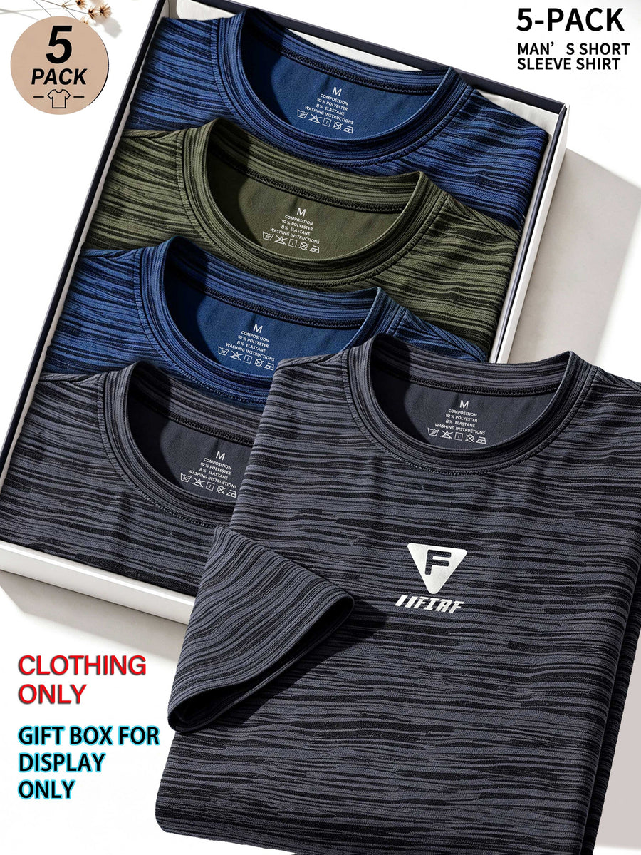 5pcs Men's Sports & Fitness Breathable Quick-Dry T-Shirts, Outdoor Travel Casual Running Printed Short-Sleeve Tees, Easy to Clean and Maintain, Lightweight T-Shirts for Daily Leisure and Gatherings, Classic Crew Neck Shirts - Dark Gray + Dark Gray + Dark Blue + Army Green + Dark Blue