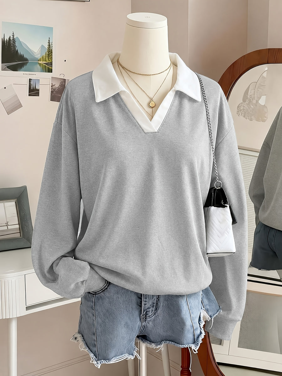 New Arrival with Atmospheric Vibe! V-neck Spliced 2-in-1 Look Polo Collar Casual Sweatshirt, Soft, Skin-Friendly, Loose Fit. Perfect for Street Strolling, Shopping, Dates, and Minimalist Commuting - A Versatile Must-Have Piece - Light Gray And White
