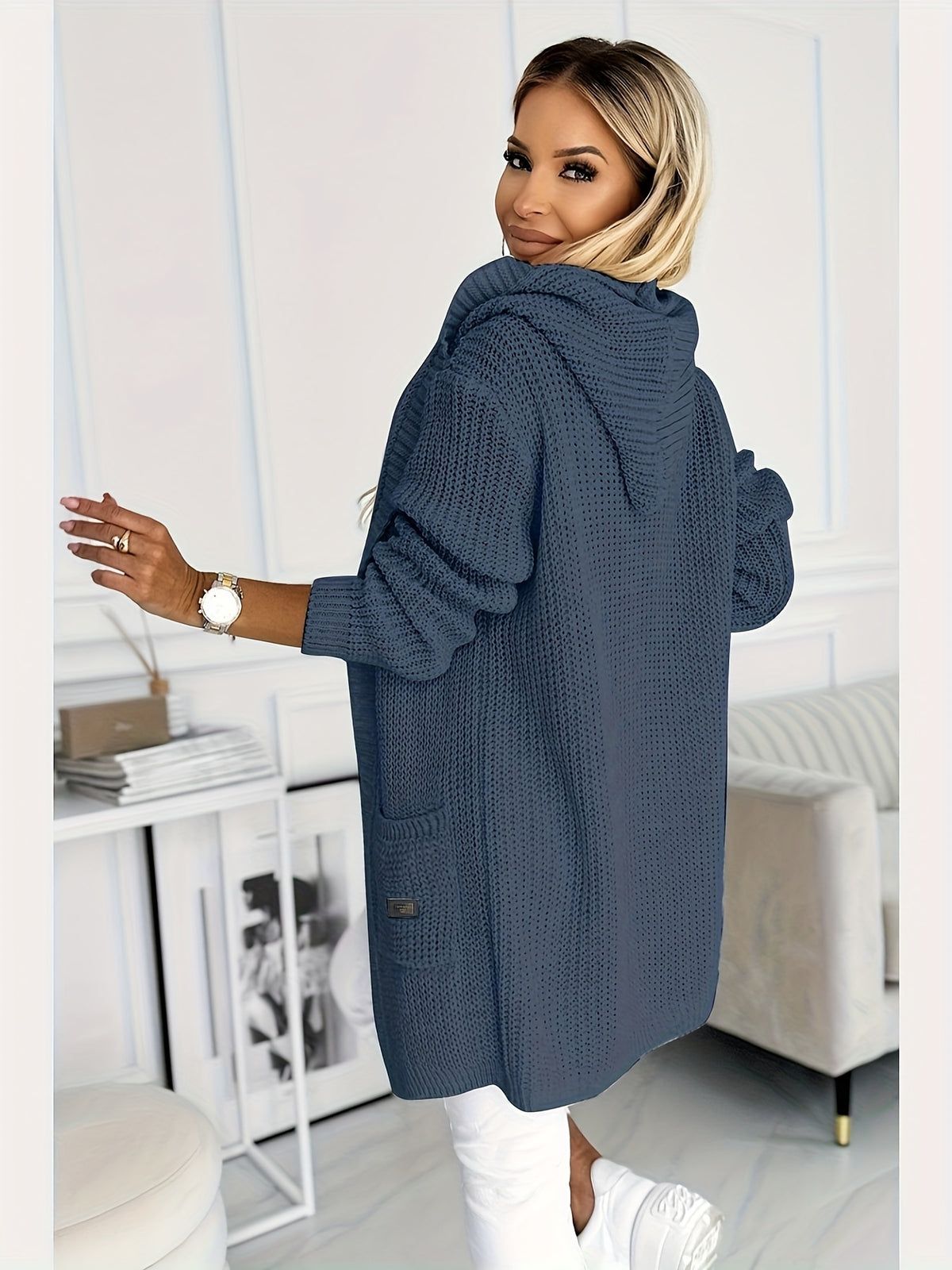 New Women's Autumn/Winter Solid Color Long Sleeve Mid-Length Hooded Pocket Simple Casual Fashion Versatile Daily Wear Sweater Cardigan Jacket - Navy Color
