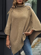 Elegant Special "Slim Fit Bust" 1 Elegant Women's Solid Color High-neck Shawl Pullover, Side Faux Button Decoration, Asymmetrical Design, 100% Polyester, Fashionable and Elegant Vintage Ethnic Style Pullover, Suitable for Spring, Autumn, and Winter - Khaki