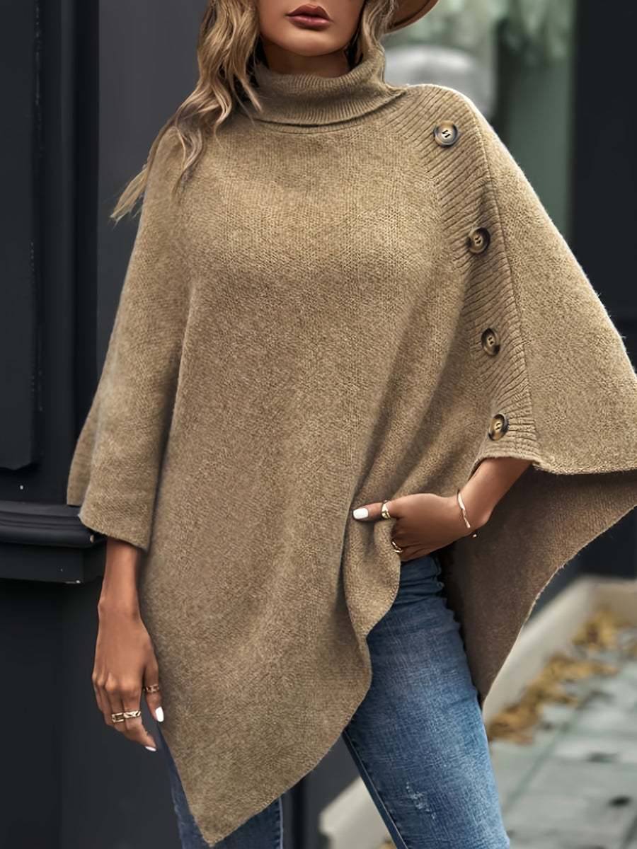 Elegant Special "Slim Fit Bust" 1 Elegant Women's Solid Color High-neck Shawl Pullover, Side Faux Button Decoration, Asymmetrical Design, 100% Polyester, Fashionable and Elegant Vintage Ethnic Style Pullover, Suitable for Spring, Autumn, and Winter - Khaki