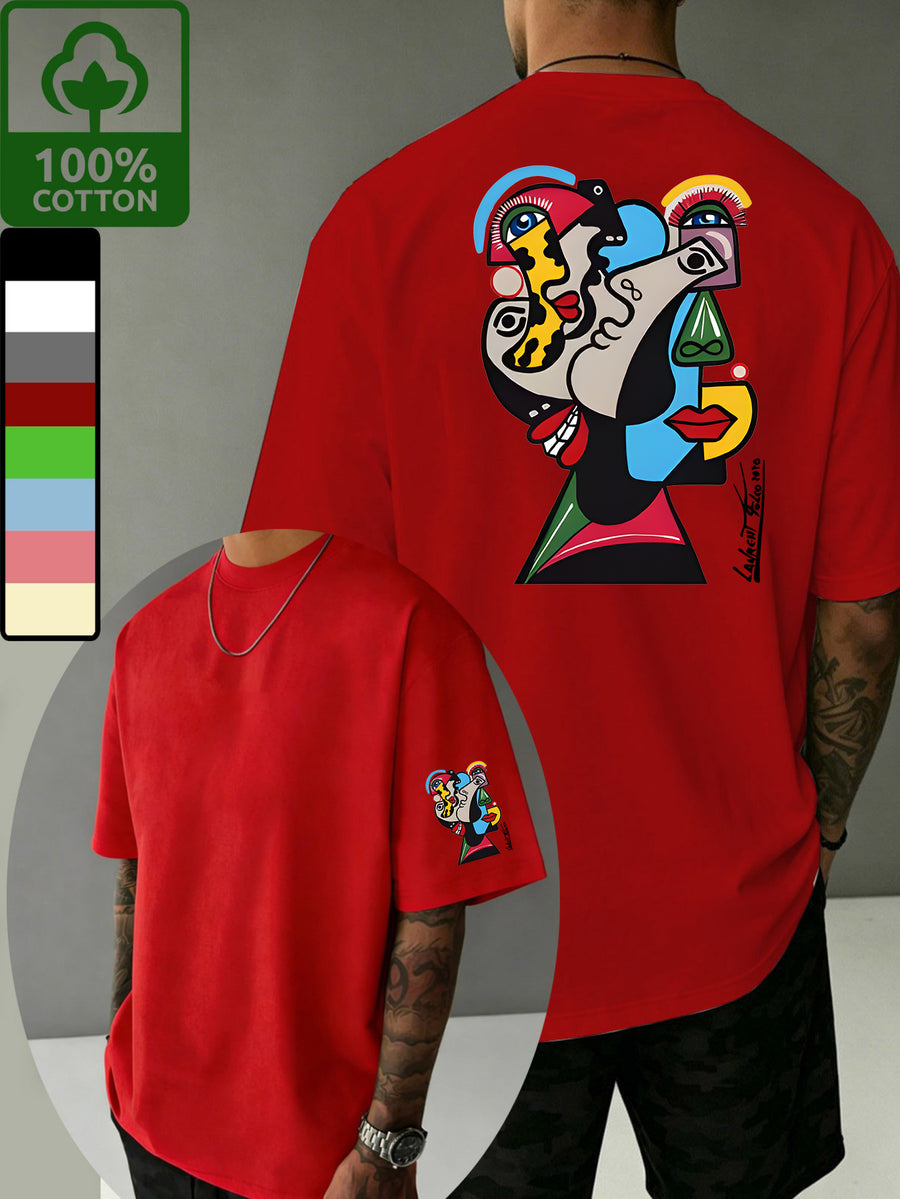 Summer High-Quality Fine Stitching Pure Cotton Casual Three-Dimensional Color-Block Picasso-Style Abstract Face Illustration Short-Sleeve Simple Streetwear Brand Printed Fashion Sporty Trendy Versatile Half-Sleeve Breathable T-Shirt Comfortable Home - Red