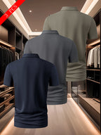 3pcs Men's Classic Polo Shirt Set, Casual and Comfortable Stretch Lapel Button- Short-sleeve Shirt, Suitable for Outdoor Sports and Leisure, Made of Breathable, Comfortable, and Elastic Fabric - Navy blue + dark gray + khaki