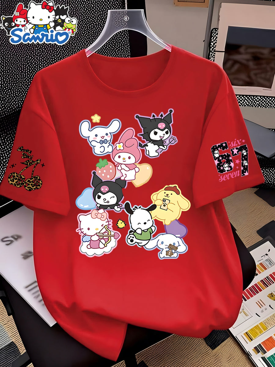 New Summer Cross-Border European and American Women's Short-Sleeve T-Shirt, Cute Cartoon Sanrio Co-Branded Print, Loose Fit Round Neck Short-Sleeve Casual Top, Comfortable and Stylish Swear and , Multiple Color Options, Easygoing Style - Bright Red