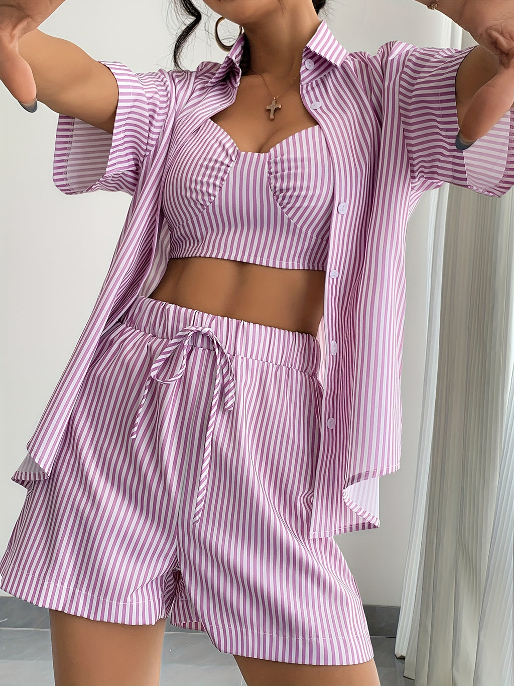 2025 Summer New Three-Piece Set Featuring a Striped Print Cami Top, Knotted Front Shorts, And a Shirt - Violet