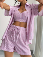 2025 Summer New Three-Piece Set Featuring a Striped Print Cami Top, Knotted Front Shorts, And a Shirt - Violet
