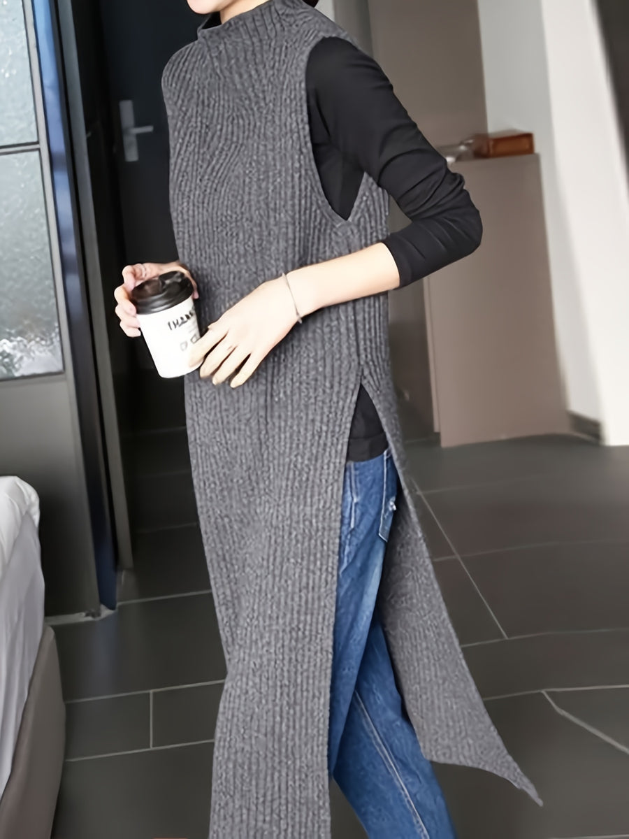 Autumn and Winter New Split Cardigan Knitwear Mid-Length Pullover Half-High Collar Outer Layer Vest Skirt for Women - Deep Grey