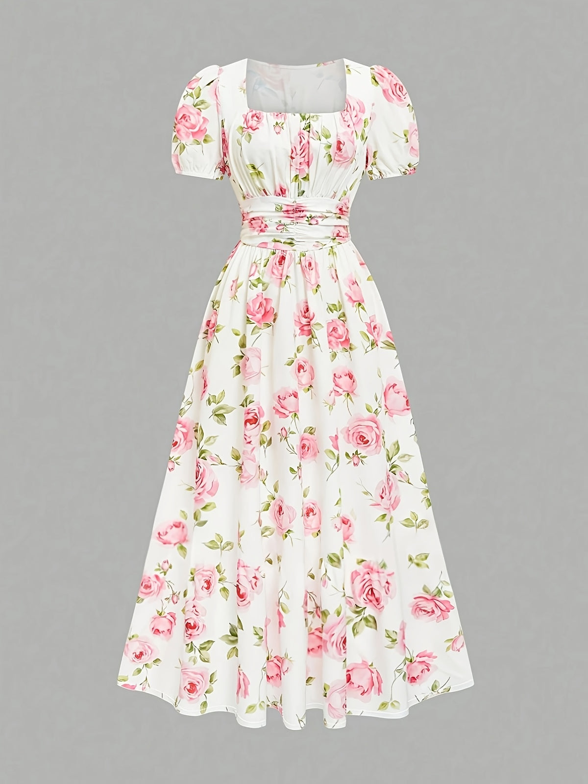 Women'S Elegant Romantic Pink Rose Puff Sleeve Long Dress Suitable for Vacation Travel Dates Afternoon Tea Wedding Parties - Pink