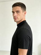 Men'S Solid Mock Neck Short Sleeve T-Shirt, Slim Fit Smooth Stretch Basic Tee, 95 Polyester 5 Spandex Breathable Fitted Mock Tshirt, Casual Daily Layering Top, Soft Wrinkle Resistant Short Sleeve Mock Neck Shirts for Men Workout Business Street - Black 2 Pack