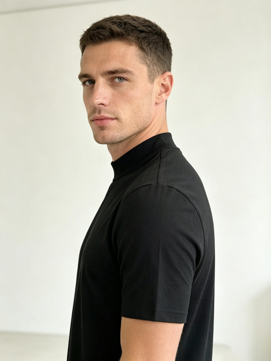 Men'S Solid Mock Neck Short Sleeve T-Shirt, Slim Fit Smooth Stretch Basic Tee, 95 Polyester 5 Spandex Breathable Fitted Mock Tshirt, Casual Daily Layering Top, Soft Wrinkle Resistant Short Sleeve Mock Neck Shirts for Men Workout Business Street - Black 2 Pack