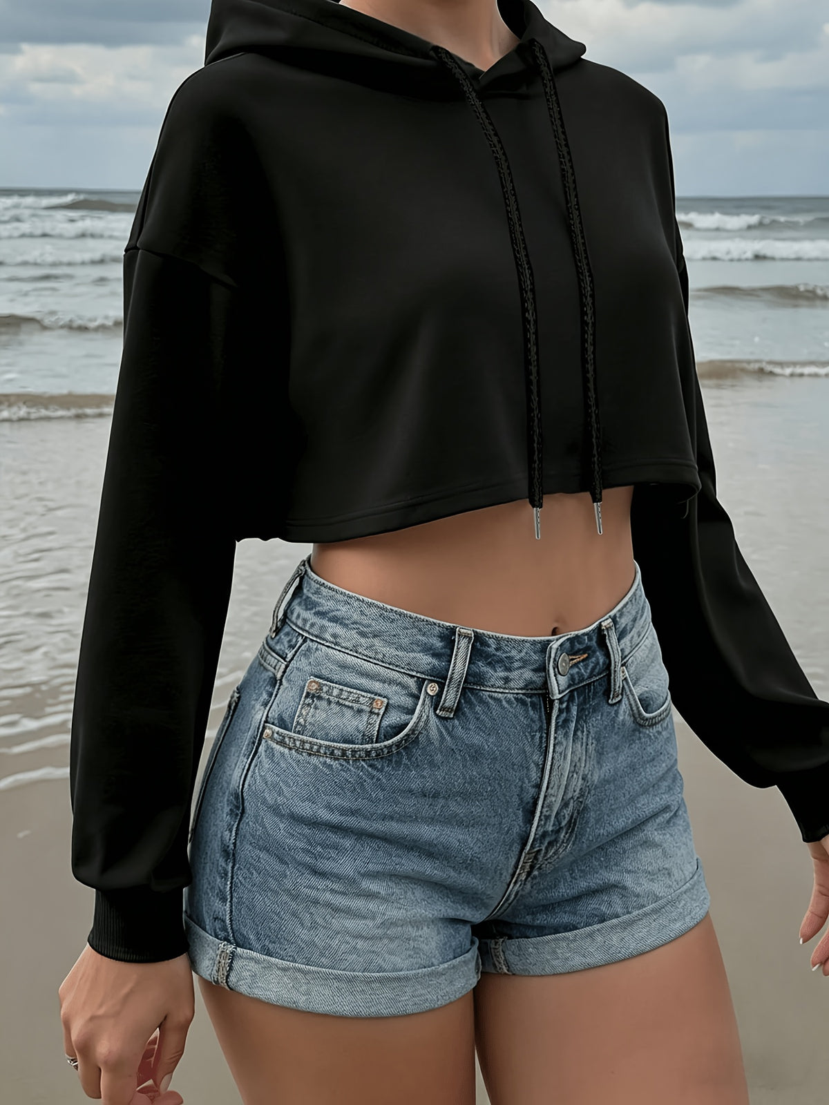 Women's Loose Fit Long Sleeve Top, Hot Style High Waist Crop Hooded Sweatshirt - Black