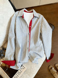 YYTT Retro Contrast Striped Polo Collar Long Sleeve Shirt Women'S Spring New Fashion Design Loose Casual Top - White