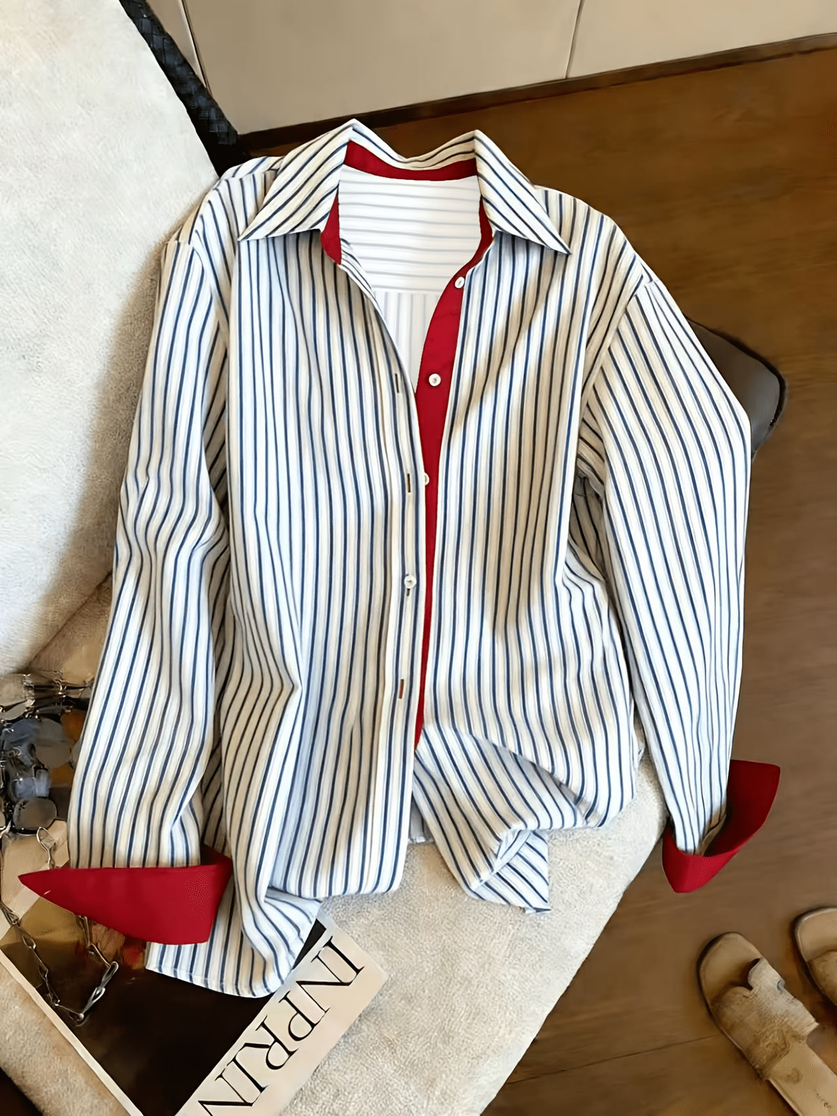 YYTT Retro Contrast Striped Polo Collar Long Sleeve Shirt Women'S Spring New Fashion Design Loose Casual Top - White