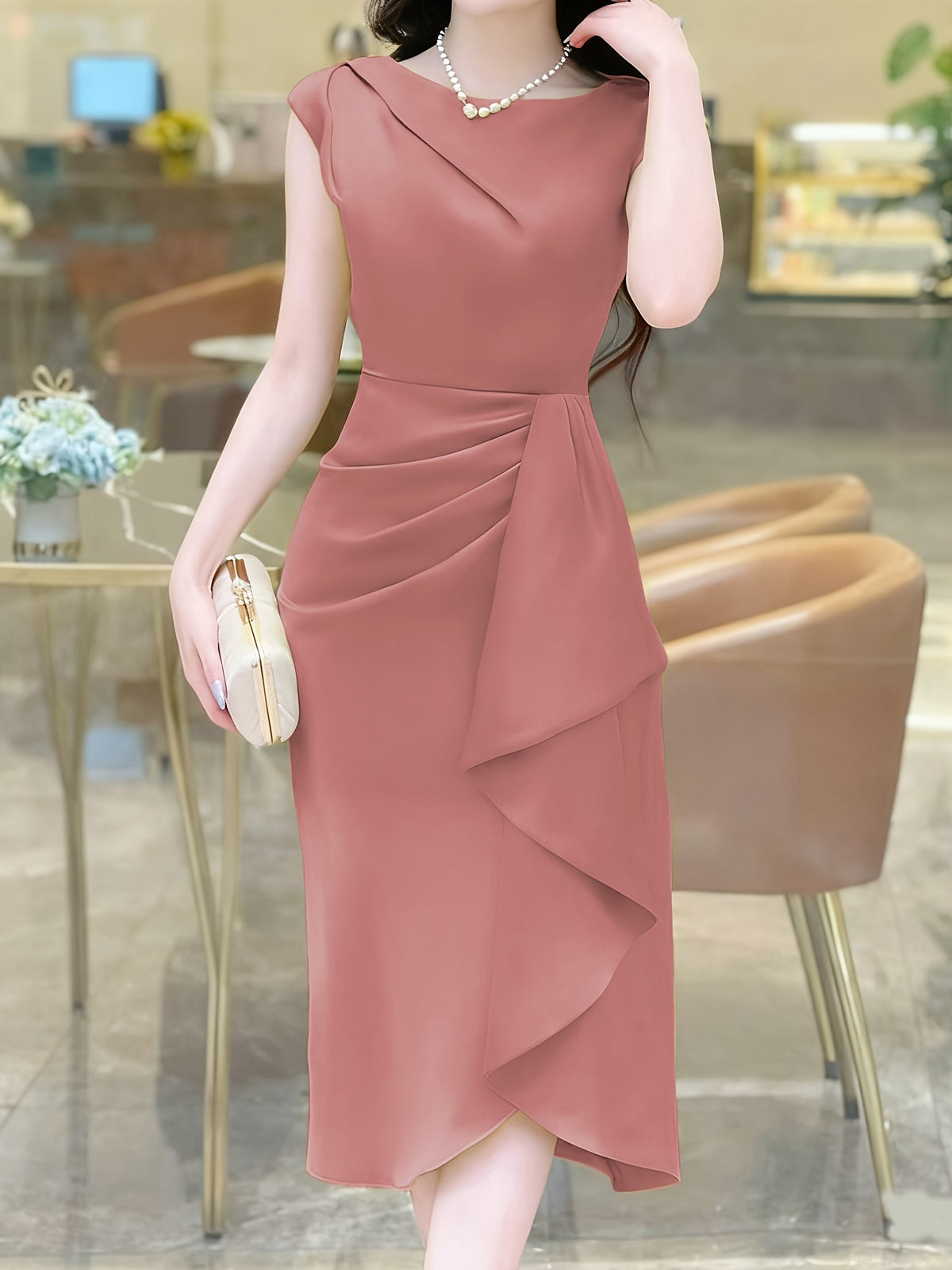 Spring-Summer Pleated Asymmetrical Elegant Design Women's Dress Gown - Peach