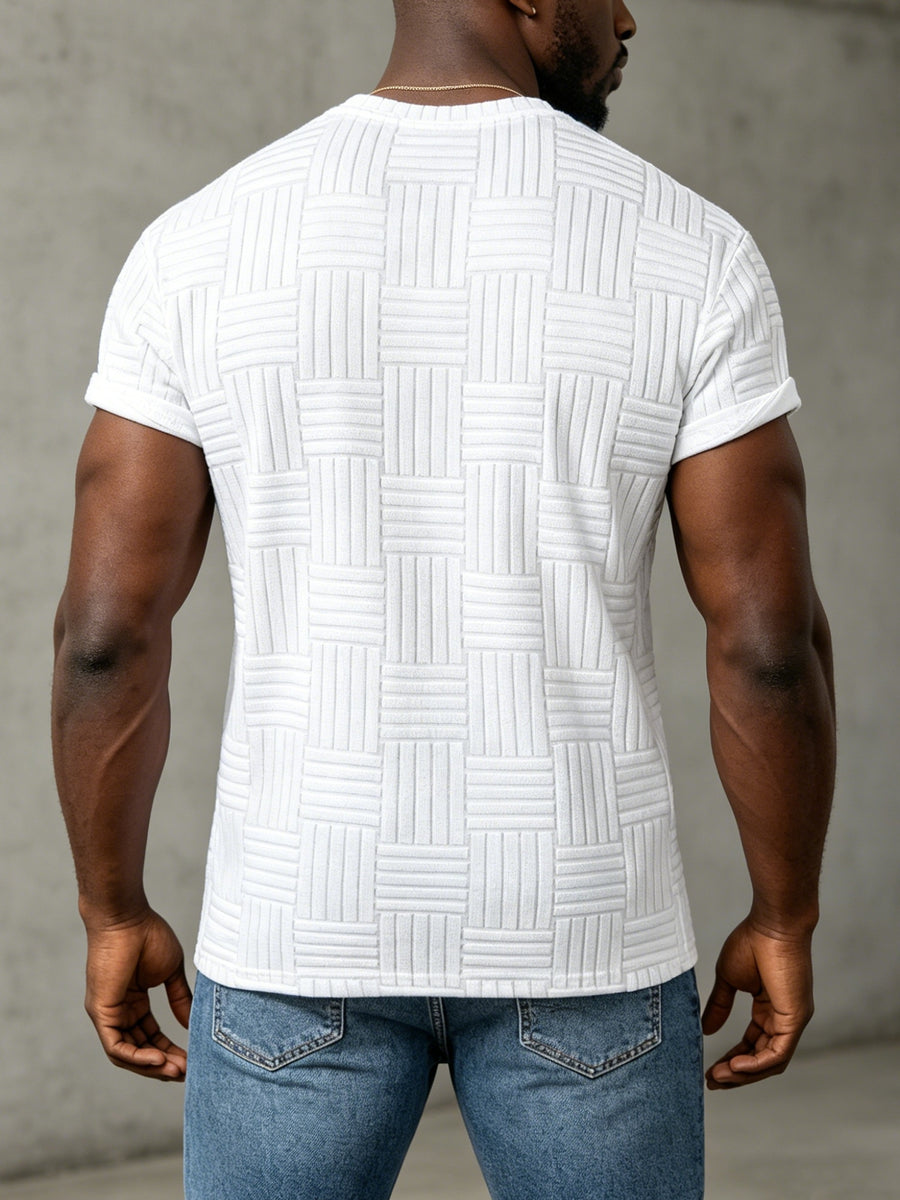 HTHMRN Men's 3D Grid Textured Crew Neck T-Shirt - Solid Knit Short Sleeve Casual Tee with Roll Cuff, Striped Suitable for Beach, Vacation, Streetwear & Daily Wear, Machine Washable Round Neck Summer Tops - White