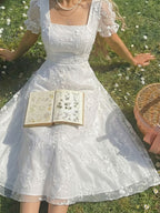 French-Style Pastoral Sweet Mesh Solid Color Maiden Dress - White