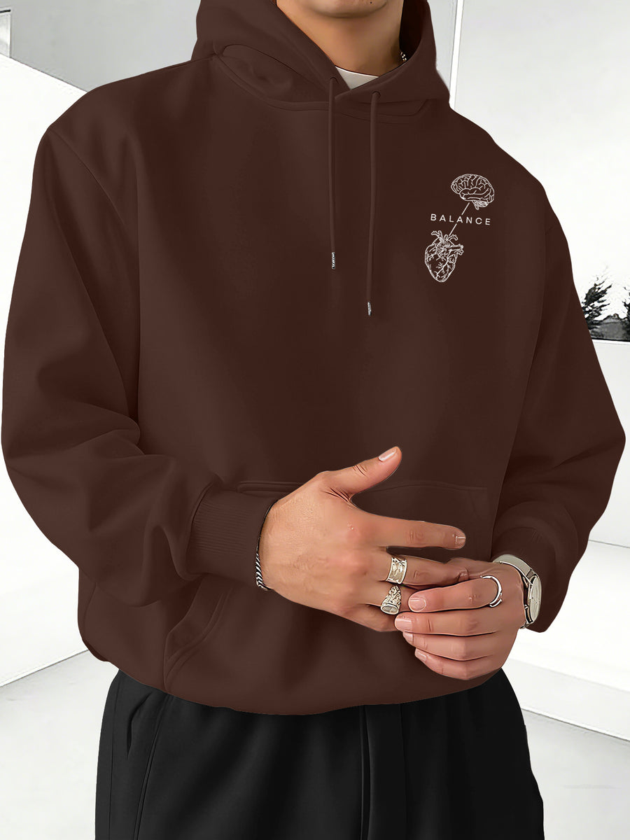 Minimalist Trendy Unisex Hoodie with Brain And Heart Balance Print - Coffee Color
