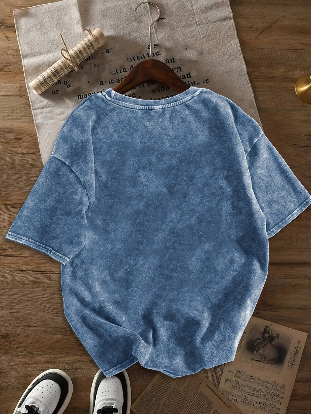 Plus Size, Retro Cassette Tape "I'm Not Old I'm Vintage" Print Women Washed T-Shirt - Blue