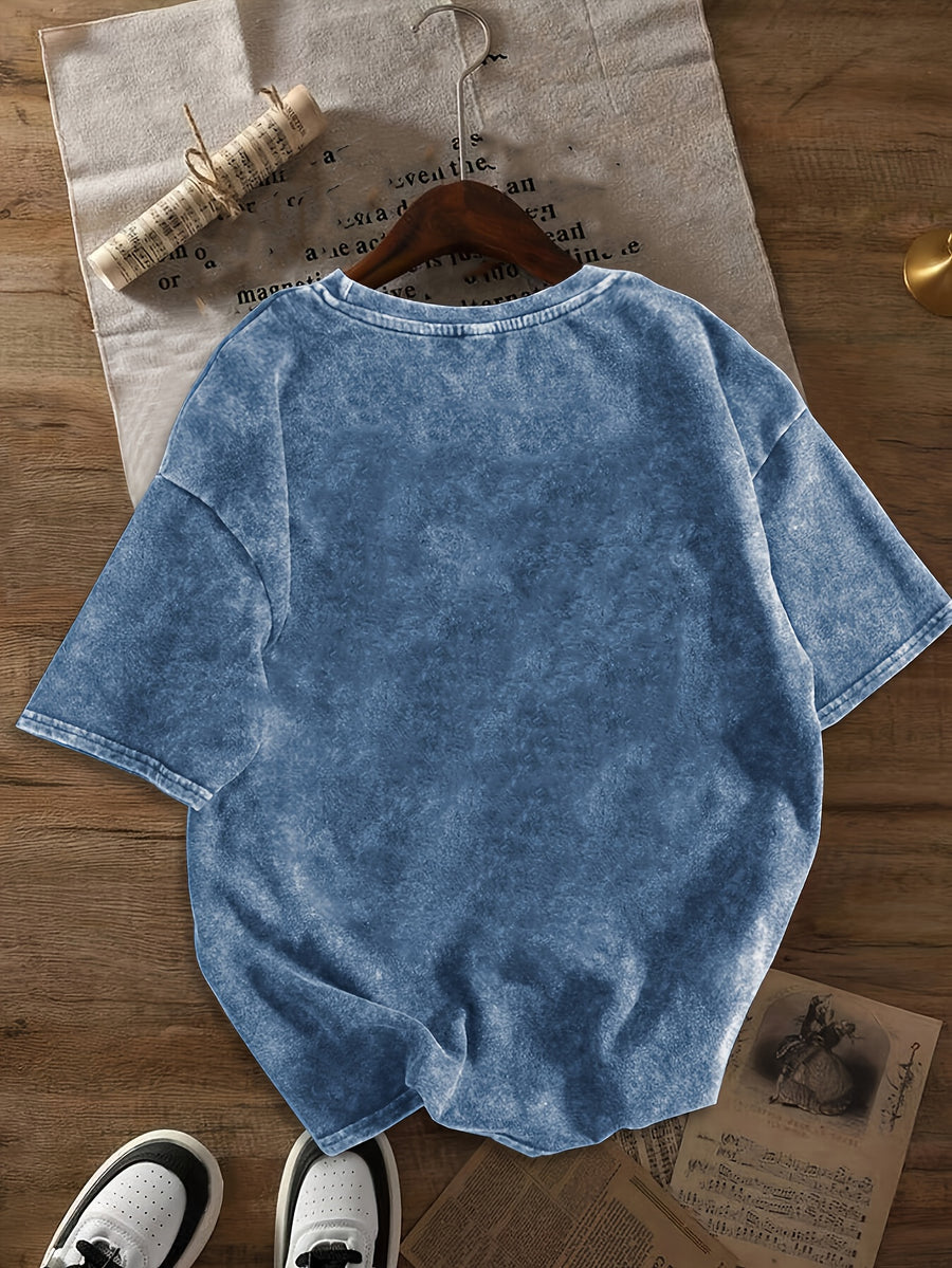 Plus Size, Retro Cassette Tape "I'm Not Old I'm Vintage" Print Women Washed T-Shirt - Blue