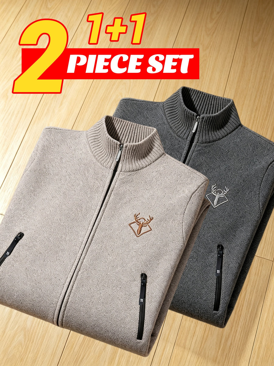 2pcs, Men'S Autumn Winter Knit Cardigan Stand Collar Full Zip, Plush Lining, Long Sleeve Sweater, Fleece Lined And Thickened, with Pockets, Suitable for Casual, Home, Business, Hiking, Outdoor, Fashionable All-Match Autumn Winter Sweater Jacket - Beige+Dark Grey