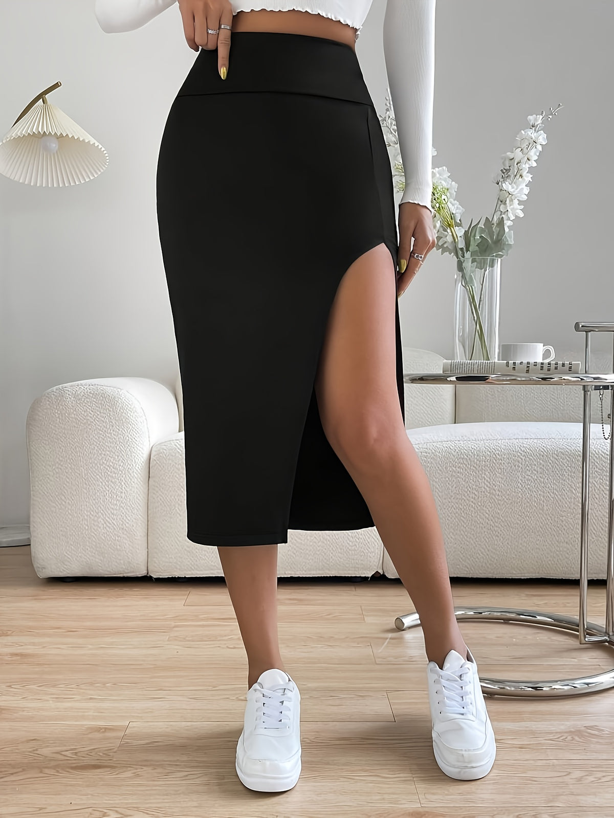 Solid High-Waist, Elegant Side-Slit Thigh Skirt - Black