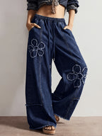 Spring And Summer Women'S Casual Wide-Leg Loose Embroidered Jeans with Elastic Waistband And Drawstring, Featuring Asymmetrical And Stylish Design, Perfect for Season, Daily Leisure, Home Relaxation, Travel, Commuting, Shopping - Medium Blue