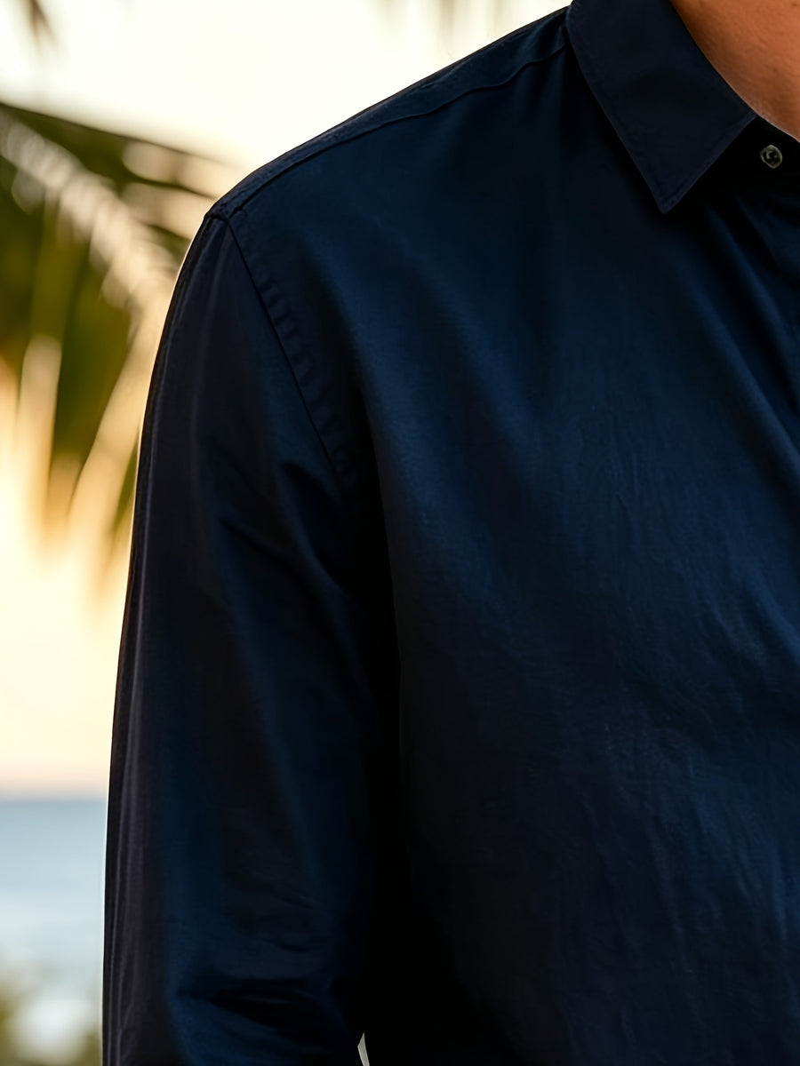 Vacation Style Men'S Summer Long Sleeve Shirt, Classic Lapel Single-Breasted Design, Multiple Basic Solid Colors Available, Suitable for Daily Commute And Beach Travel (Shirt) - Navy Color