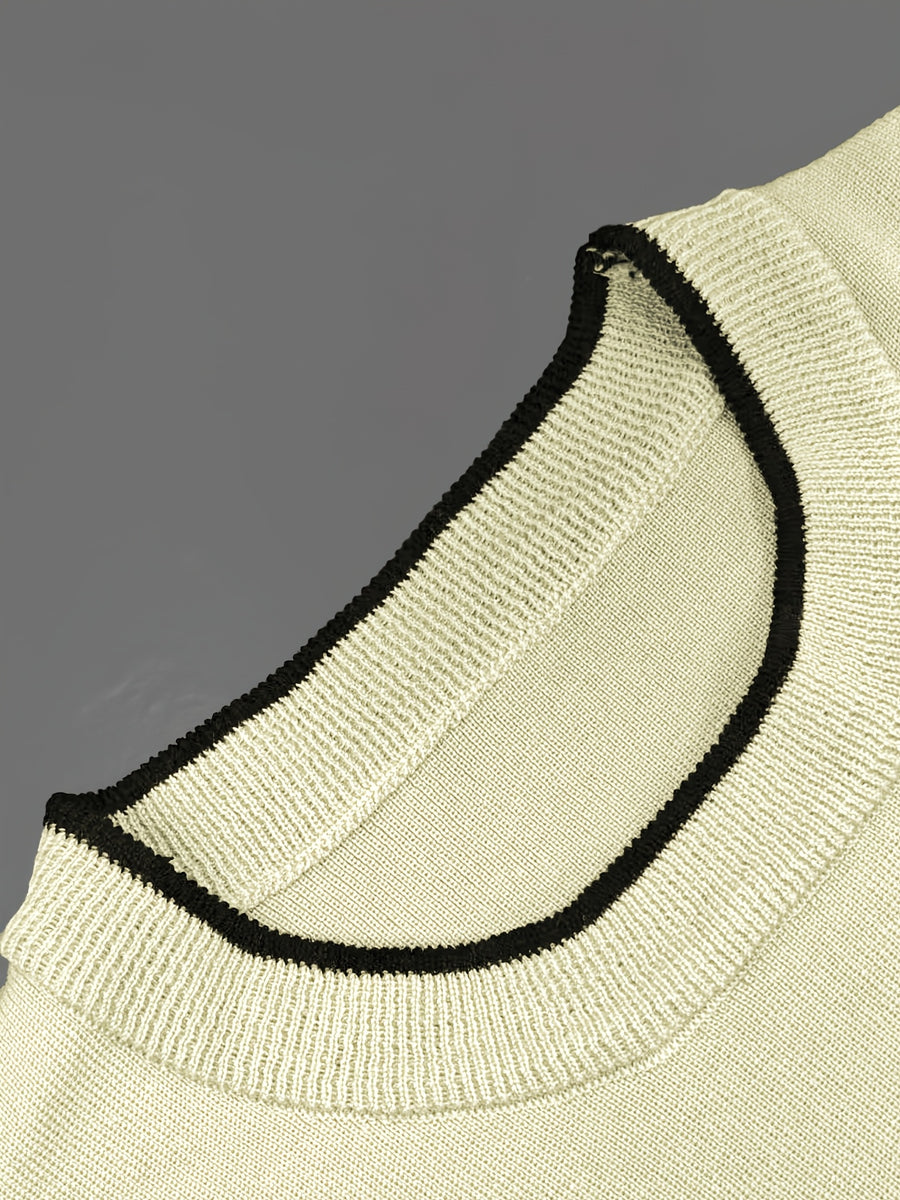 Popular New Spring/Summer Contrast Color Neckline and Cuffs Pullover Short-Sleeve T-Shirt, Ins-Style Simple and Fresh Fabric T-Shirt - Apricot